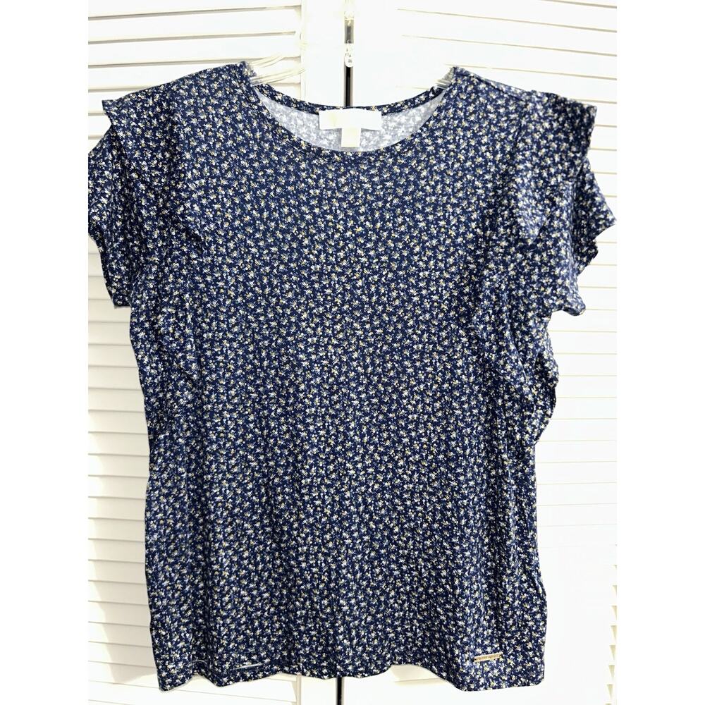 Michael Kors Floral Ruffle Cap Sleeve Blue Yellow White Top Size Small